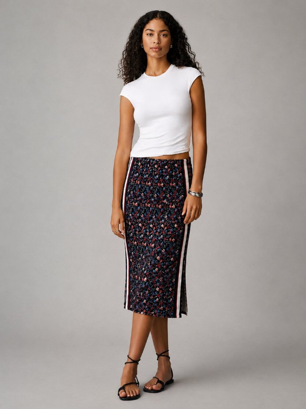 Anthropologie Navy Floral Midi Skirt with Side Stripe